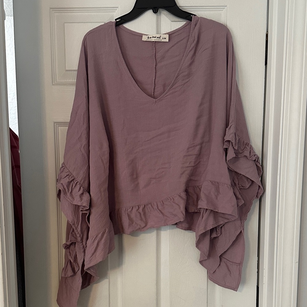 Three Bird Nest Mauve Ruffle V-Neck Blouse